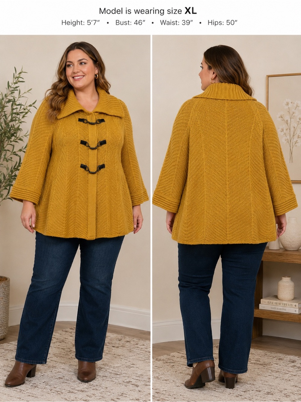 JM Collection Saffron Gold Toggle Cardigan Sweater XL Chunky Knit NWT